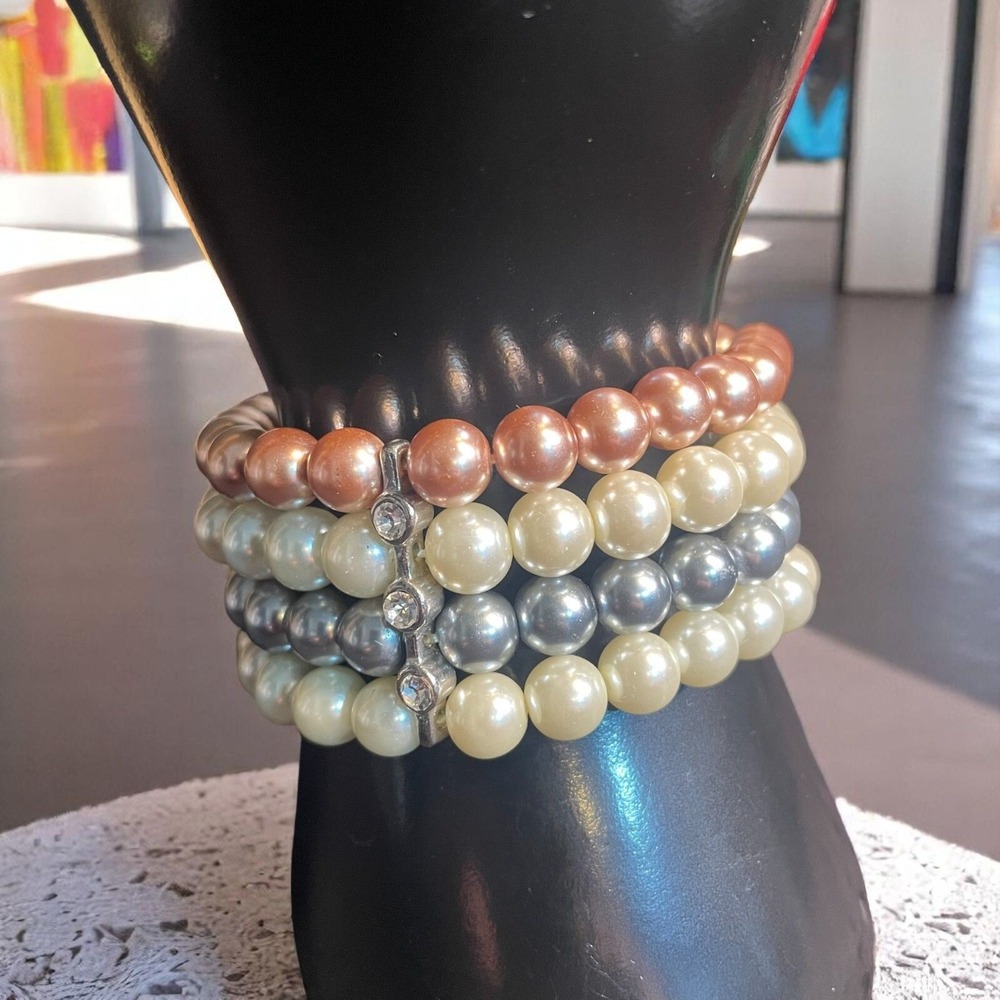 Kissaka Multi Strand Faux Pearl Bracelet Gold Silver Champagne‎ Stretch Elegant